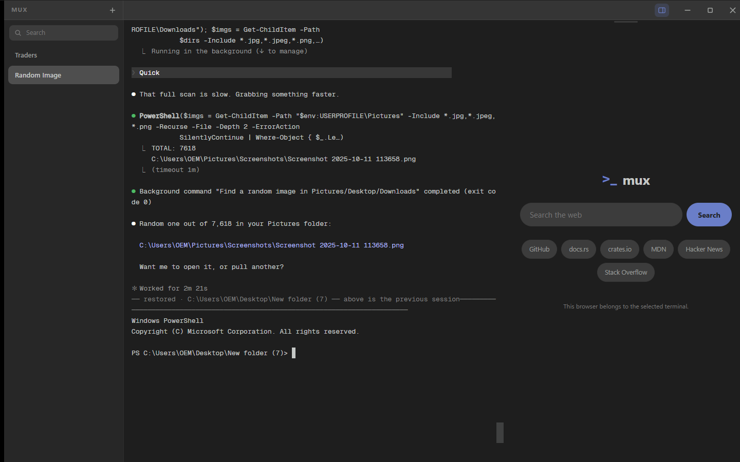 mux running: a rail of terminals on the left, a live PowerShell session filling the window
